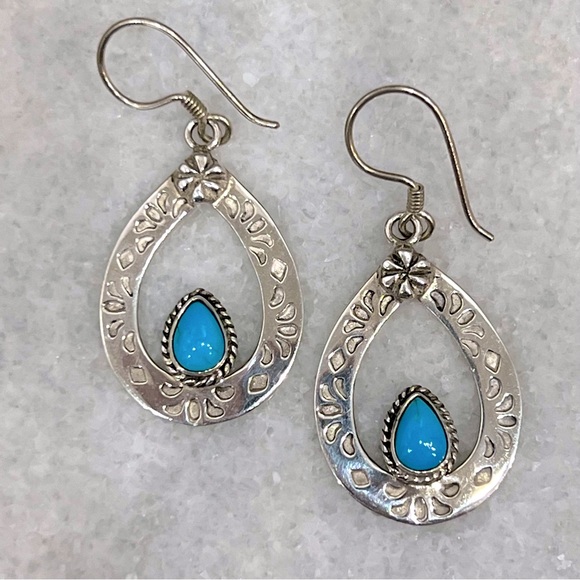 Arizona Sleeping Beauty Turquoise Teardrop Sterling Silver Dangle Earrings - Picture 3 of 9